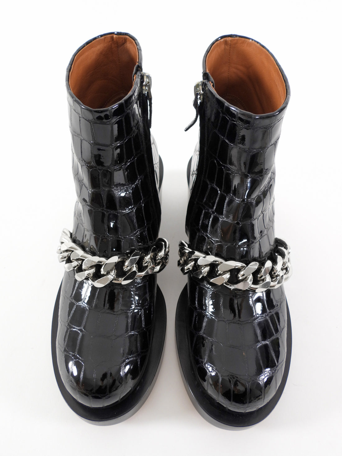 Givenchy Black Patent Croc Embossed Chain Detail Ankle Boots - 38 / 7.5
