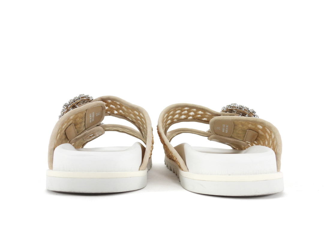 Roger Vivier Slidy Viv Raffia Strass Sandals Neutral Biege - 36