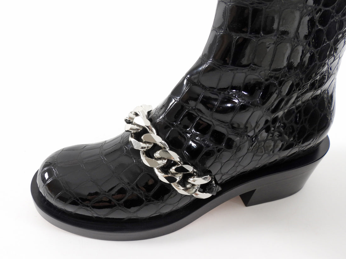 Givenchy Black Patent Croc Embossed Chain Detail Ankle Boots - 38 / 7.5