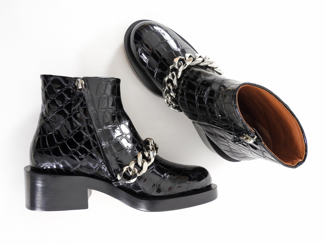 Givenchy Black Patent Croc Embossed Chain Detail Ankle Boots - 38 / 7.5