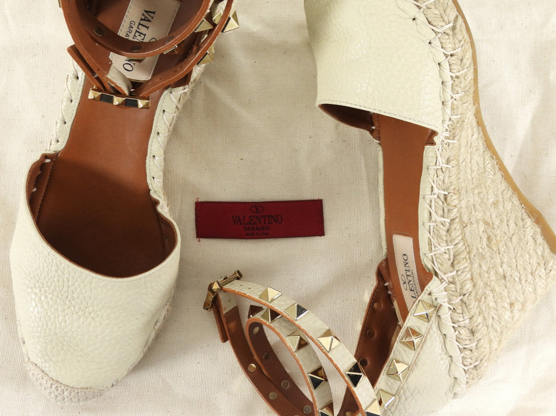 Valentino Rockstud Ankle Wrap Espadrille Wedge Ivory - 35