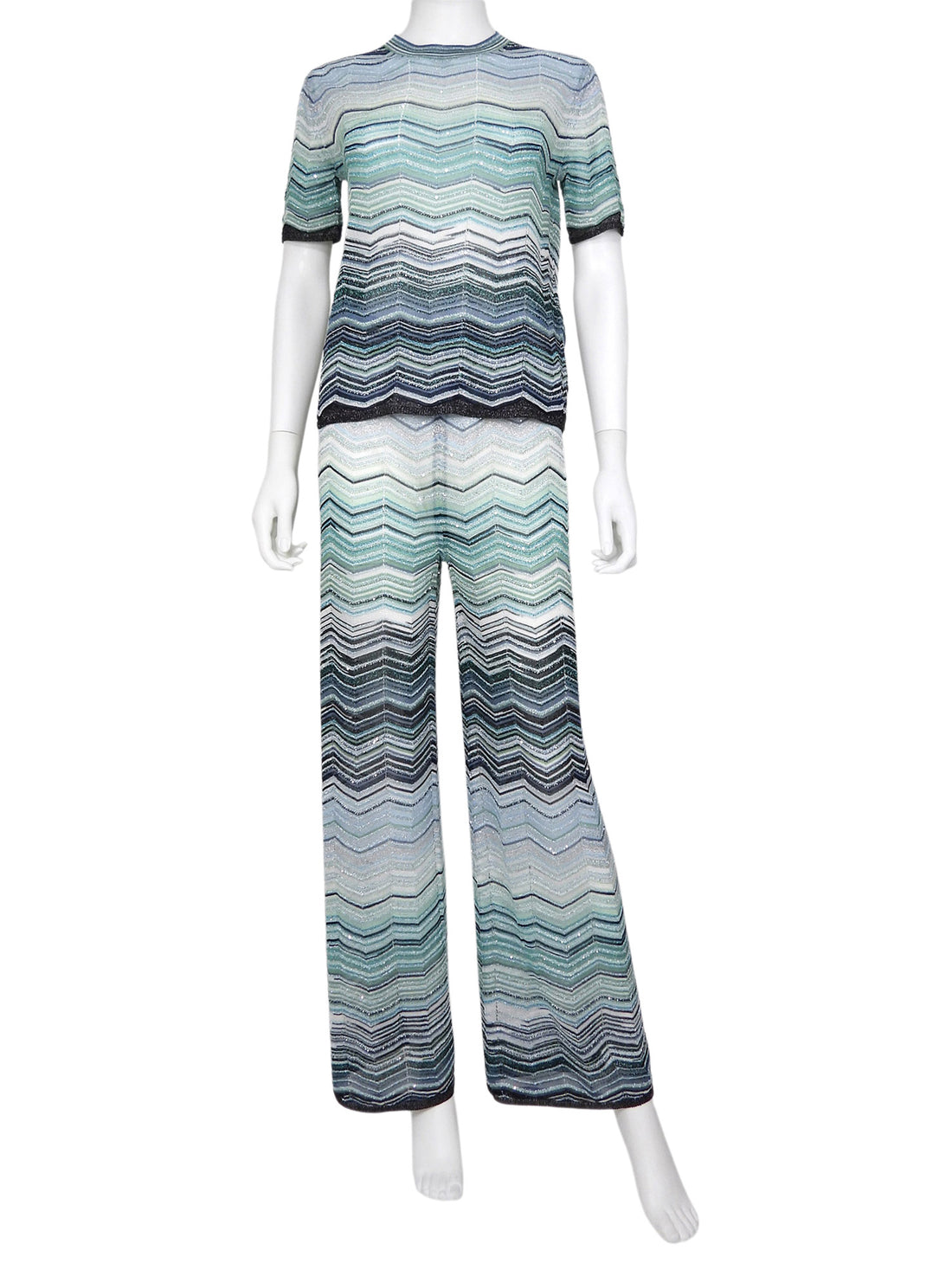 Missoni Blue White Zig Zag Lurex Knit Sequin Shimmer Pant - 42