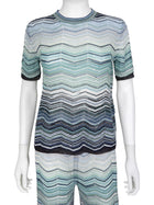 Missoni Blue White Zig Zag Lurex Knit Sequin Shimmer Tee Shirt - 42