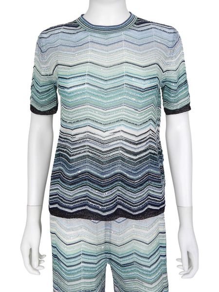 Missoni Blue White Zig Zag Lurex Knit Sequin Shimmer Tee Shirt - 42