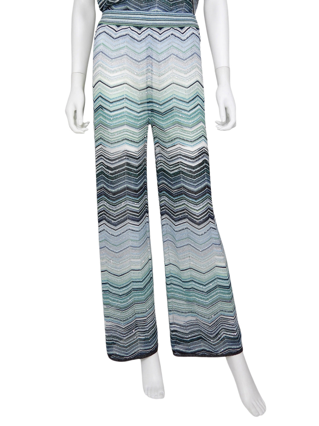 Missoni Blue White Zig Zag Lurex Knit Sequin Shimmer Pant - 42
