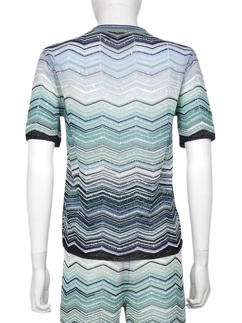 Missoni Blue White Zig Zag Lurex Knit Sequin Shimmer Tee Shirt - 42
