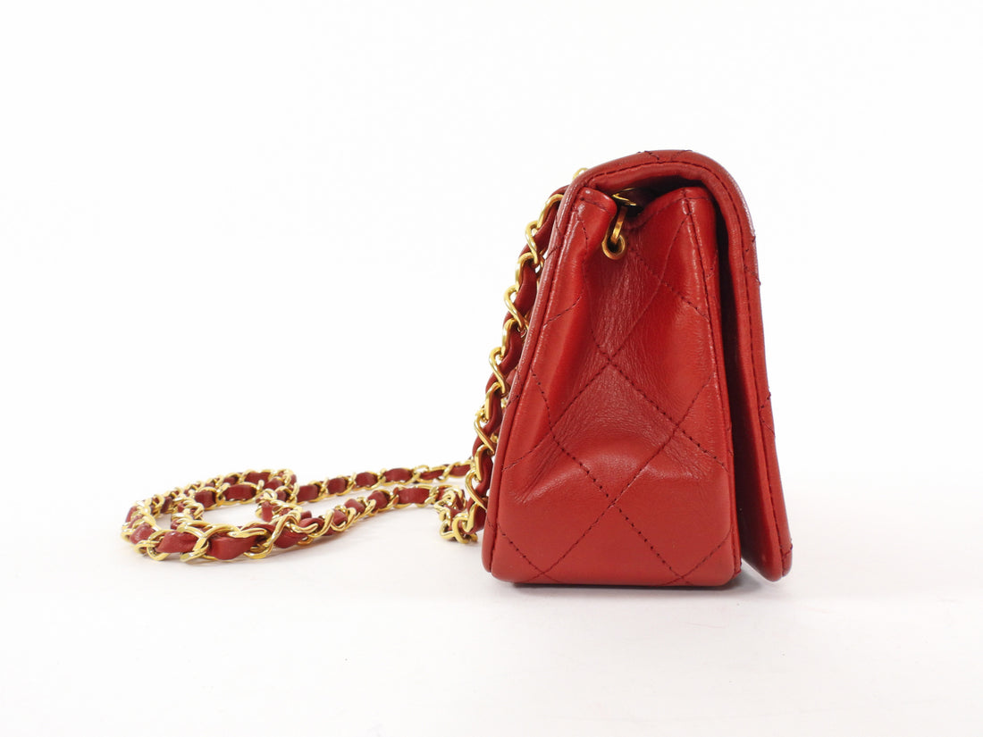 Chanel Vintage 1989 Red Quilted Leather Mini Full Flap Bag