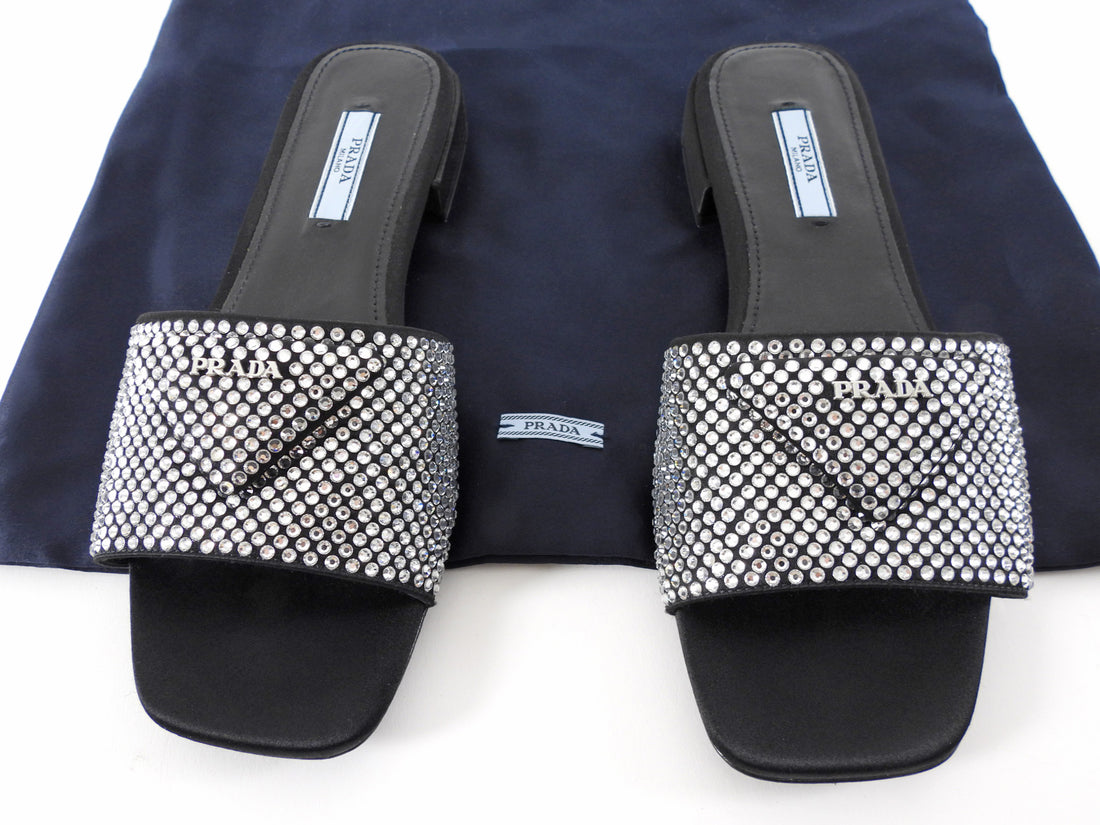 Prada Black Satin Crystal Strass Triangle Flat Sandal Shoes - 37