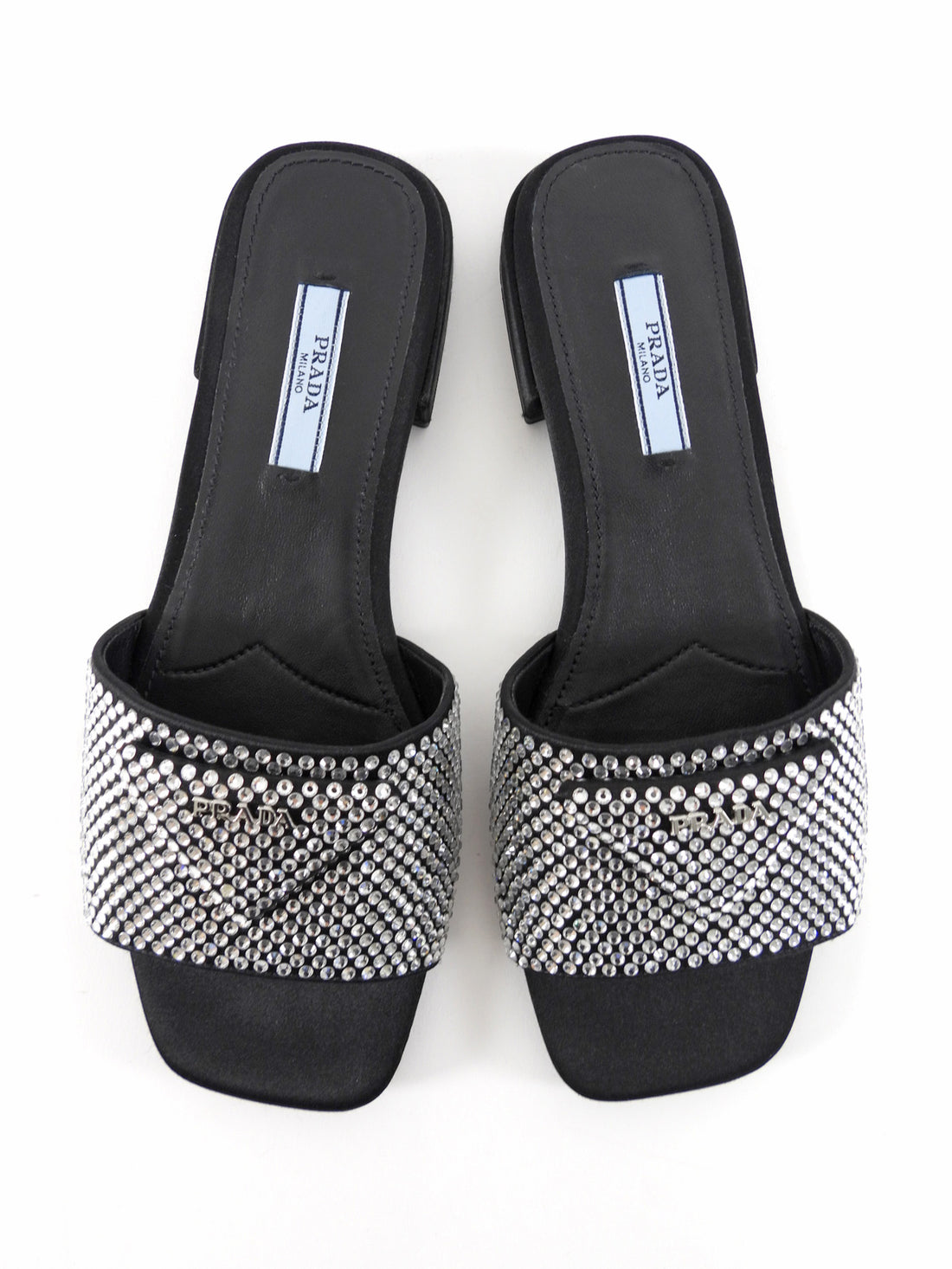 Prada Black Satin Crystal Strass Triangle Flat Sandal Shoes - 37