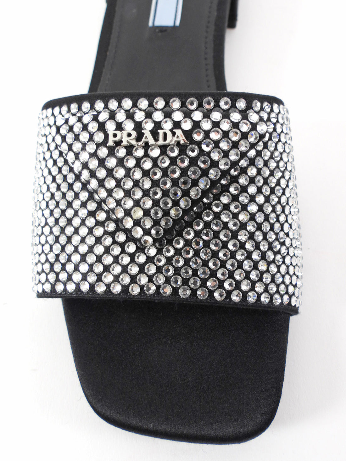 Prada Black Satin Crystal Strass Triangle Flat Sandal Shoes - 37