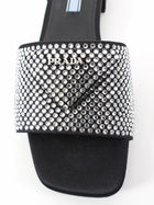 Prada Black Satin Crystal Strass Triangle Flat Sandal Shoes - 37