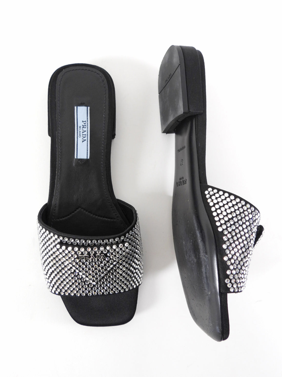 Prada Black Satin Crystal Strass Triangle Flat Sandal Shoes - 37