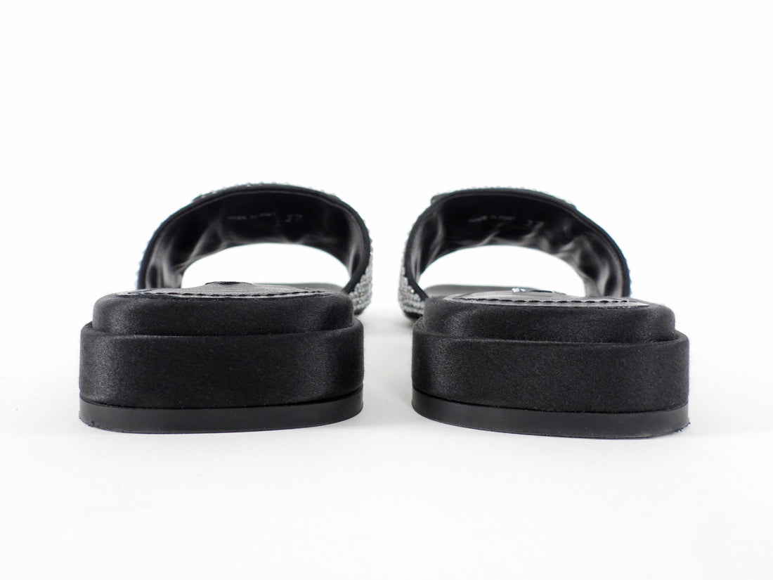 Prada Black Satin Crystal Strass Triangle Flat Sandal Shoes - 37