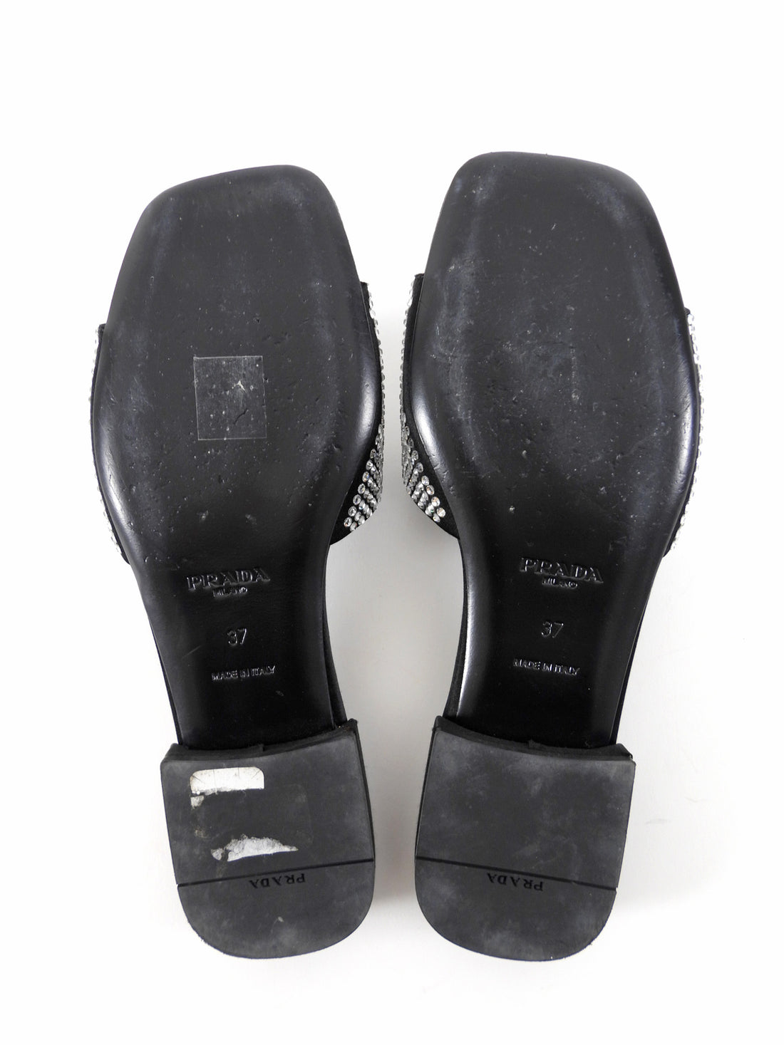 Prada Black Satin Crystal Strass Triangle Flat Sandal Shoes - 37