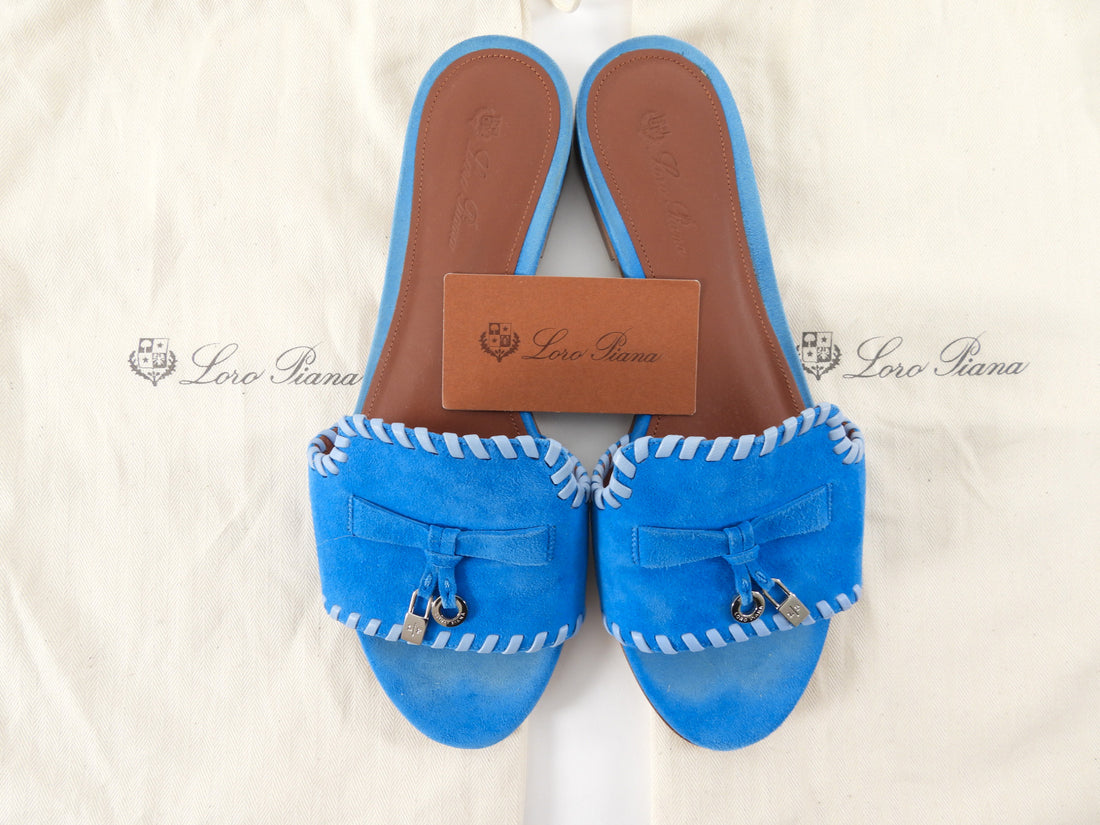 Loro Piana Blue Suede Summer Charms Slide Flat Sandals - 36.5