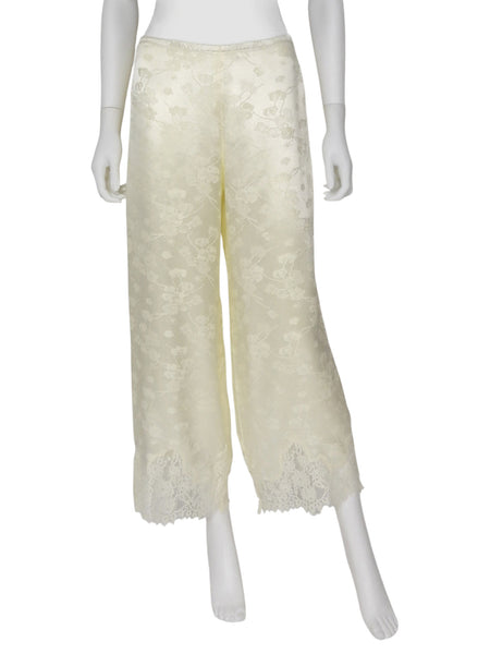 Reformation Pale Yellow Carolina Satin Floral Jacquard Lace Hem PJ Pants - S