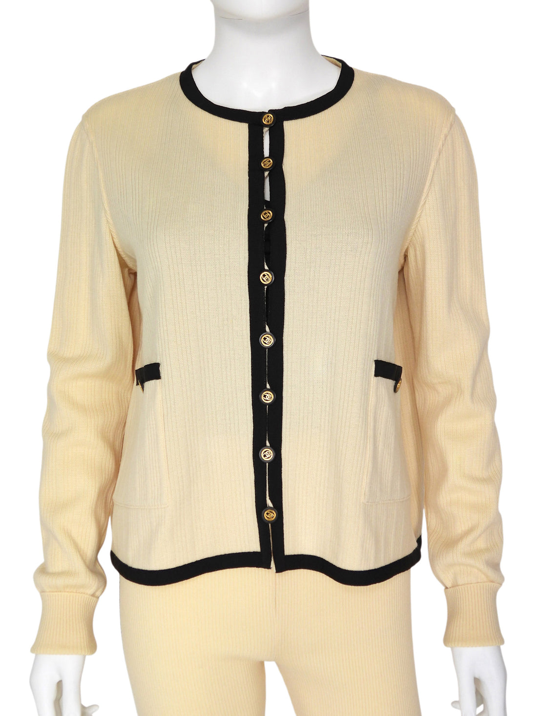Chanel Ivory Black AW 1991 Vintage Rib Wool Knit Cardigan and Leggings Set -  40 /  M /  8