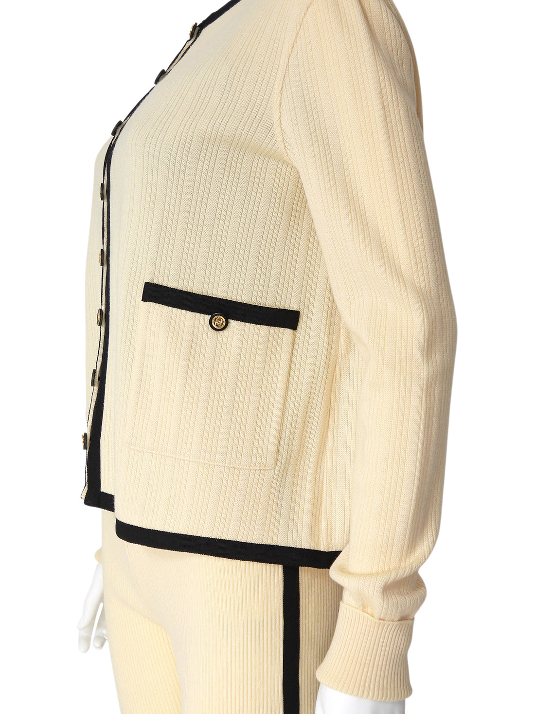 Chanel Ivory Black AW 1991 Vintage Rib Wool Knit Cardigan and Leggings Set -  40 /  M /  8