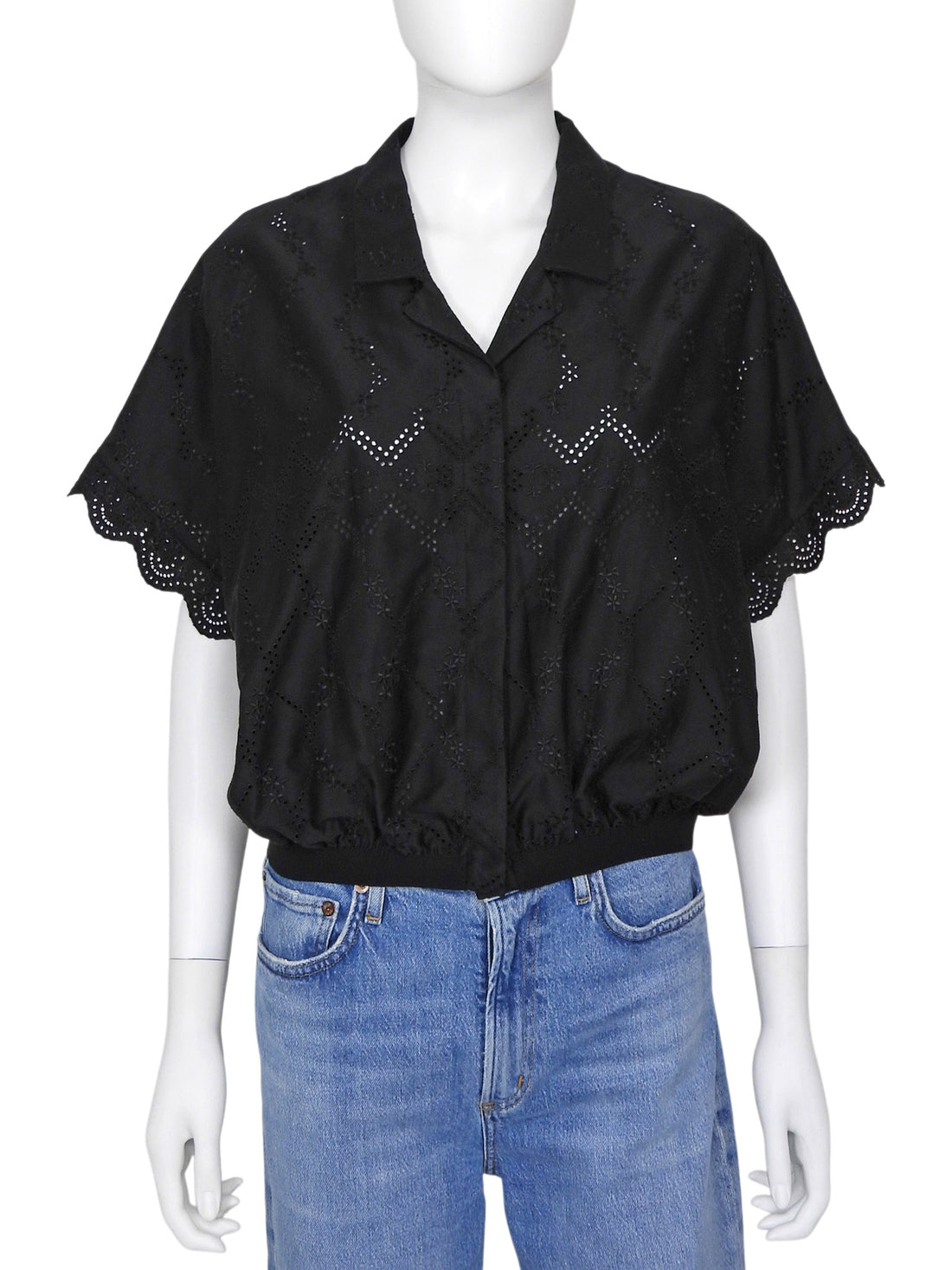 Giambattista Valli Black Broderie Eyelet Grosgrain Hem Short Sleeve Shirt -  44 / 8 / M