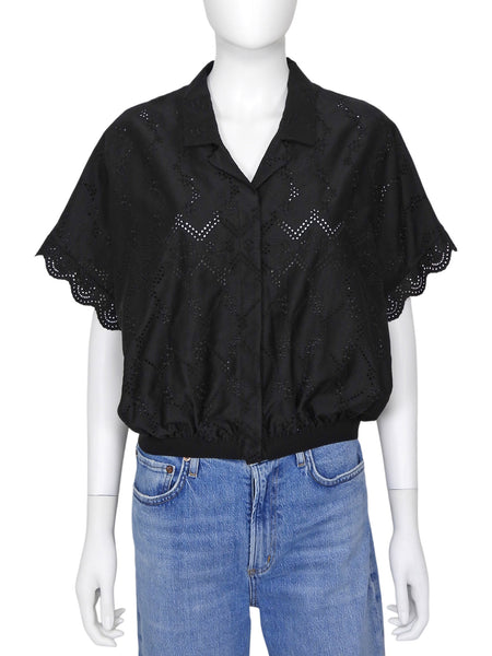Giambattista Valli Black Broderie Eyelet Grosgrain Hem Short Sleeve Shirt -  44 / 8 / M