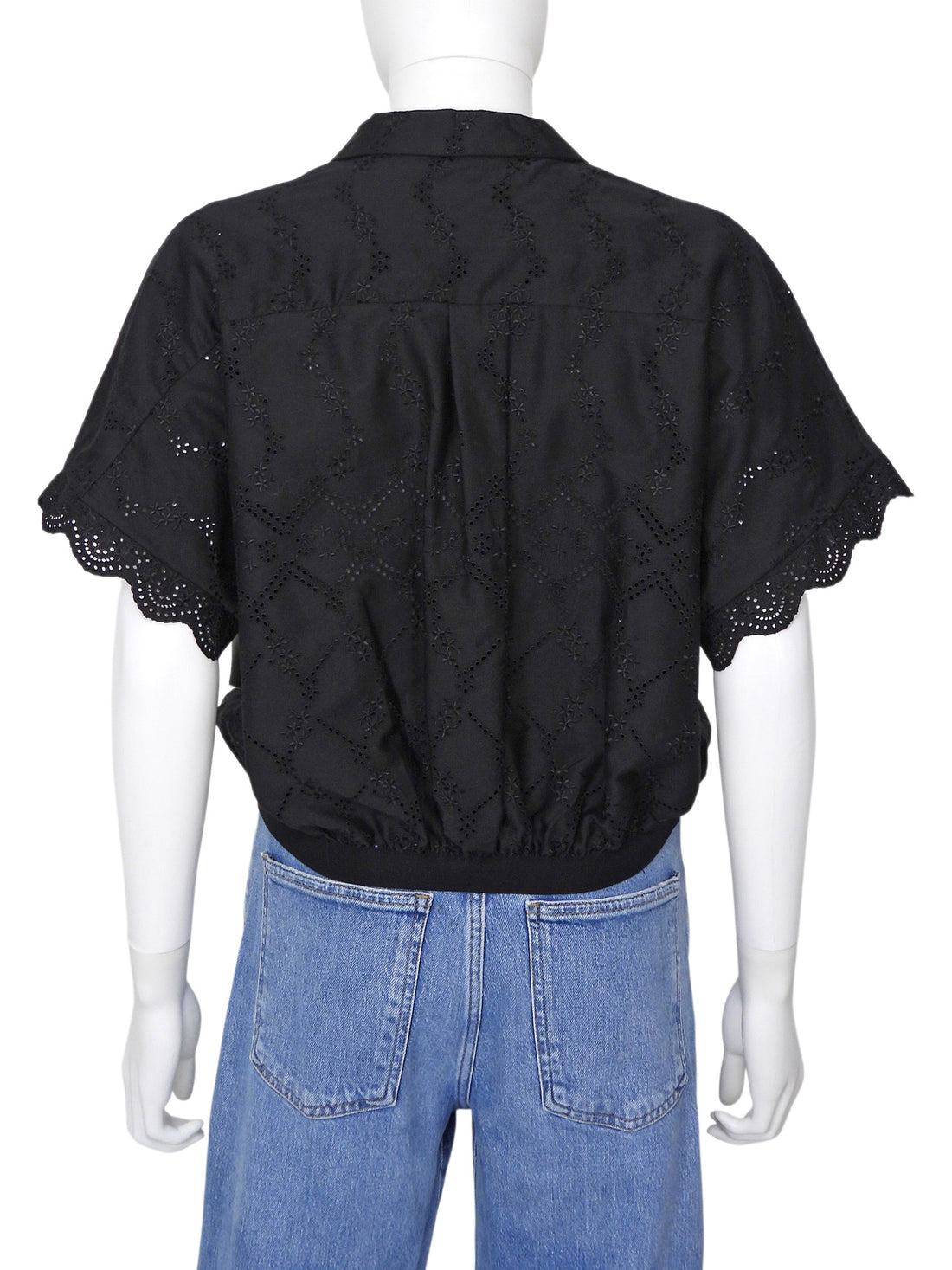 Giambattista Valli Black Broderie Eyelet Grosgrain Hem Short Sleeve Shirt -  44 / 8 / M