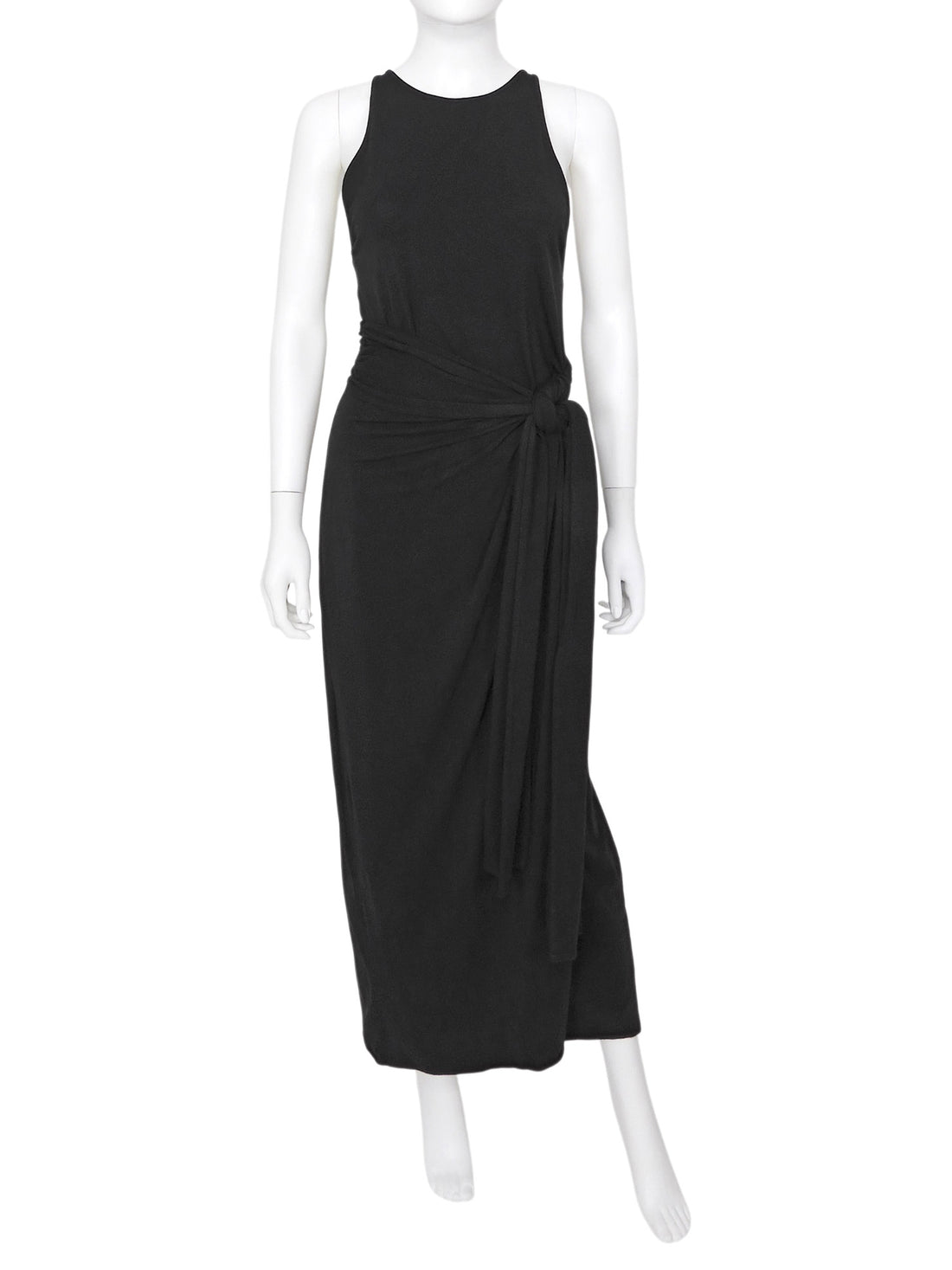 Another Tomorrow Black Stretch Jersey Long Knotted Waist Dress - M