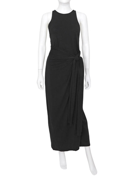 Another Tomorrow Black Stretch Jersey Long Knotted Waist Dress - M