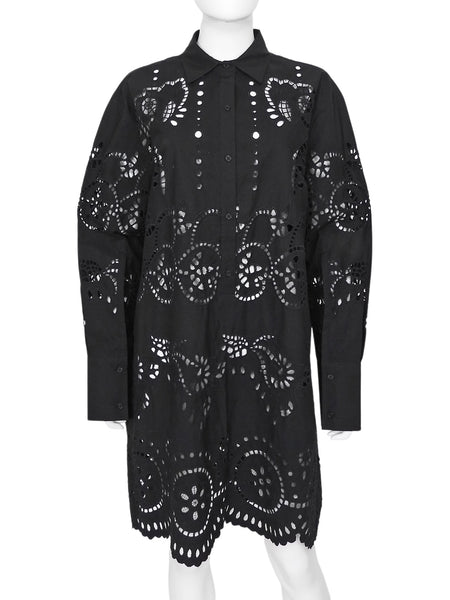 Nili Lotan Black Broderie Eyelet Lace Shirt Dress - S