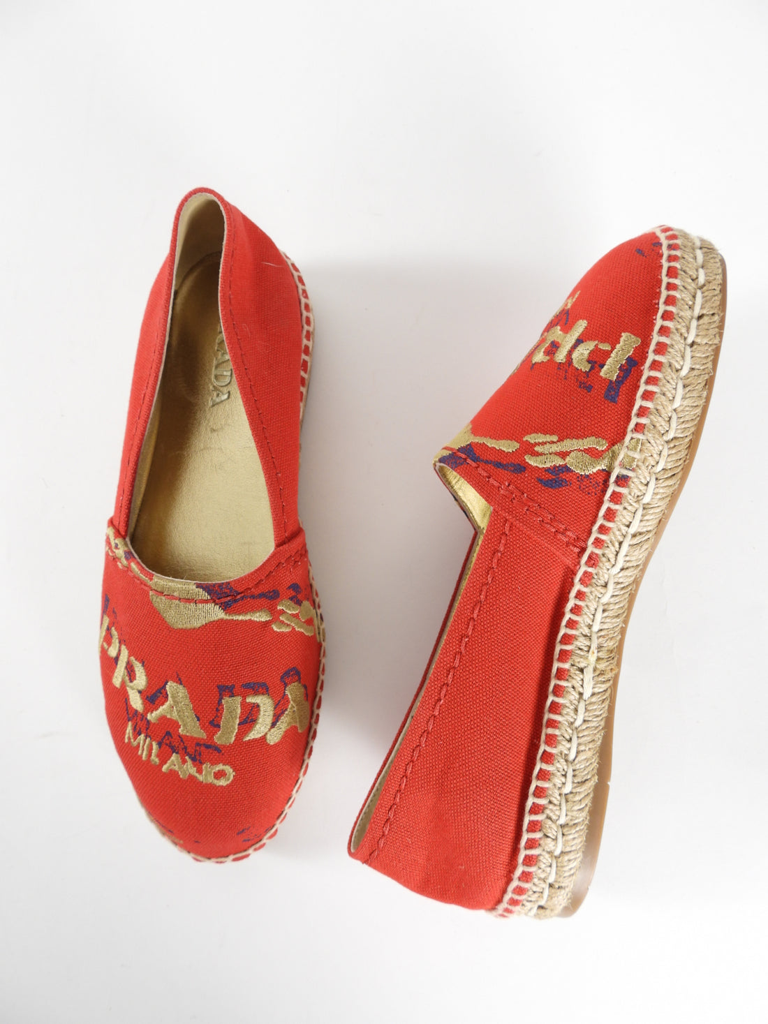 Prada Red Canvas and Gold Embroidered Logo Espadrille Flats - 37.5 / 7.5
