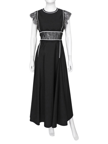 Giambattista Valli Black White Cotton Lace Trim Flutter Sleeve Long Dress - IT 44 / US 8