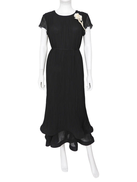 Erdem Black Vertical Pleated Layer Floral Brooch Column Gown - 8