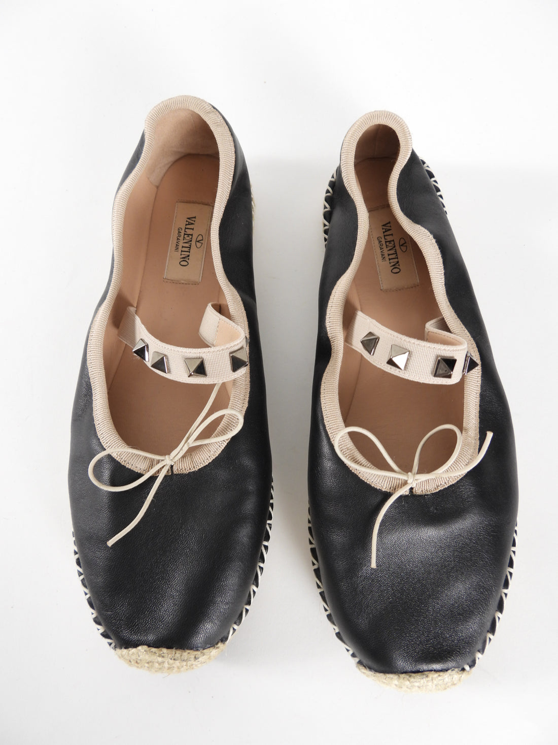 Valentino Black Leather Rockstud Espadrille Ballerina Flats - 38 / 8