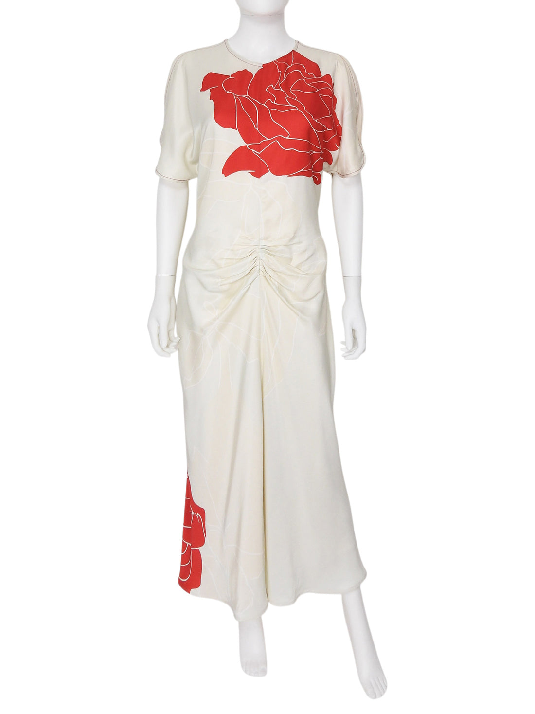 Victoria Beckham Ivory Red Satin Graphic Floral Split Sleeve Gown - US 8