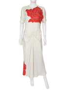 Victoria Beckham Ivory Red Satin Graphic Floral Split Sleeve Gown - US 8