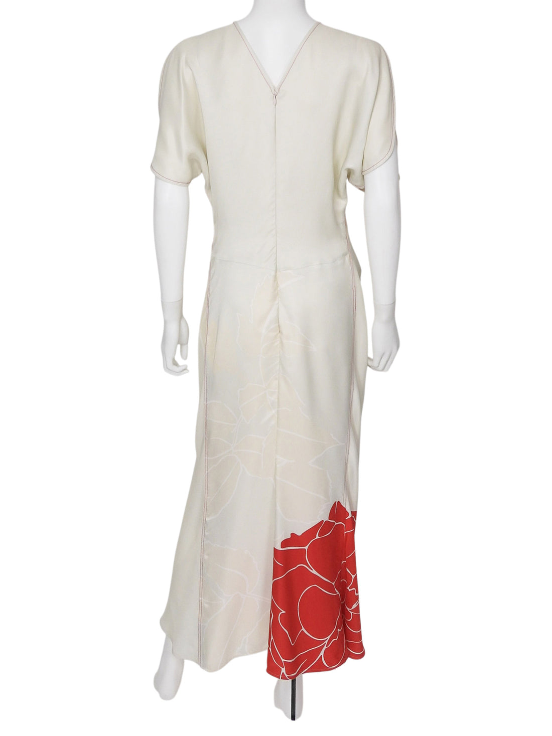 Victoria Beckham Ivory Red Satin Graphic Floral Split Sleeve Gown - US 8