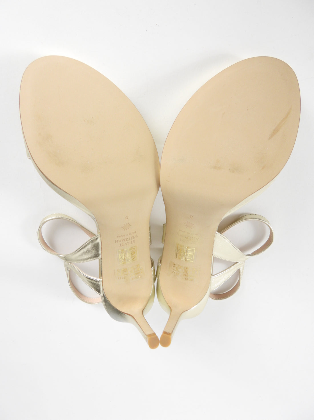 Stuart Weitzman Light Gold Metallic Leather Mariposa 80mm Platform Sandals - 8.5