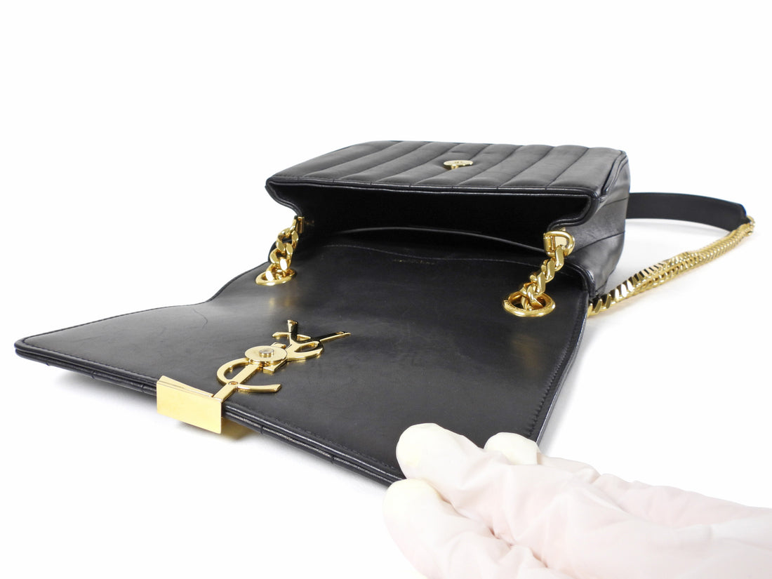 Saint Laurent Small Vicky Black Leather Matelasse Chain Bag