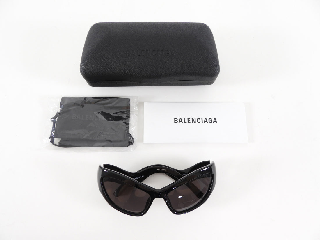 Balenciaga Black Acetate Cat Eye Wave Arm Logo Sunglasses