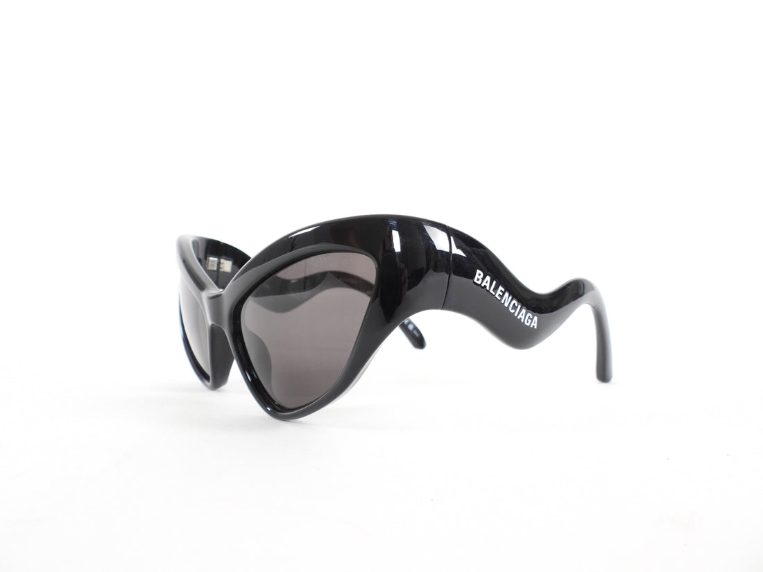 Balenciaga Black Acetate Cat Eye Wave Arm Logo Sunglasses