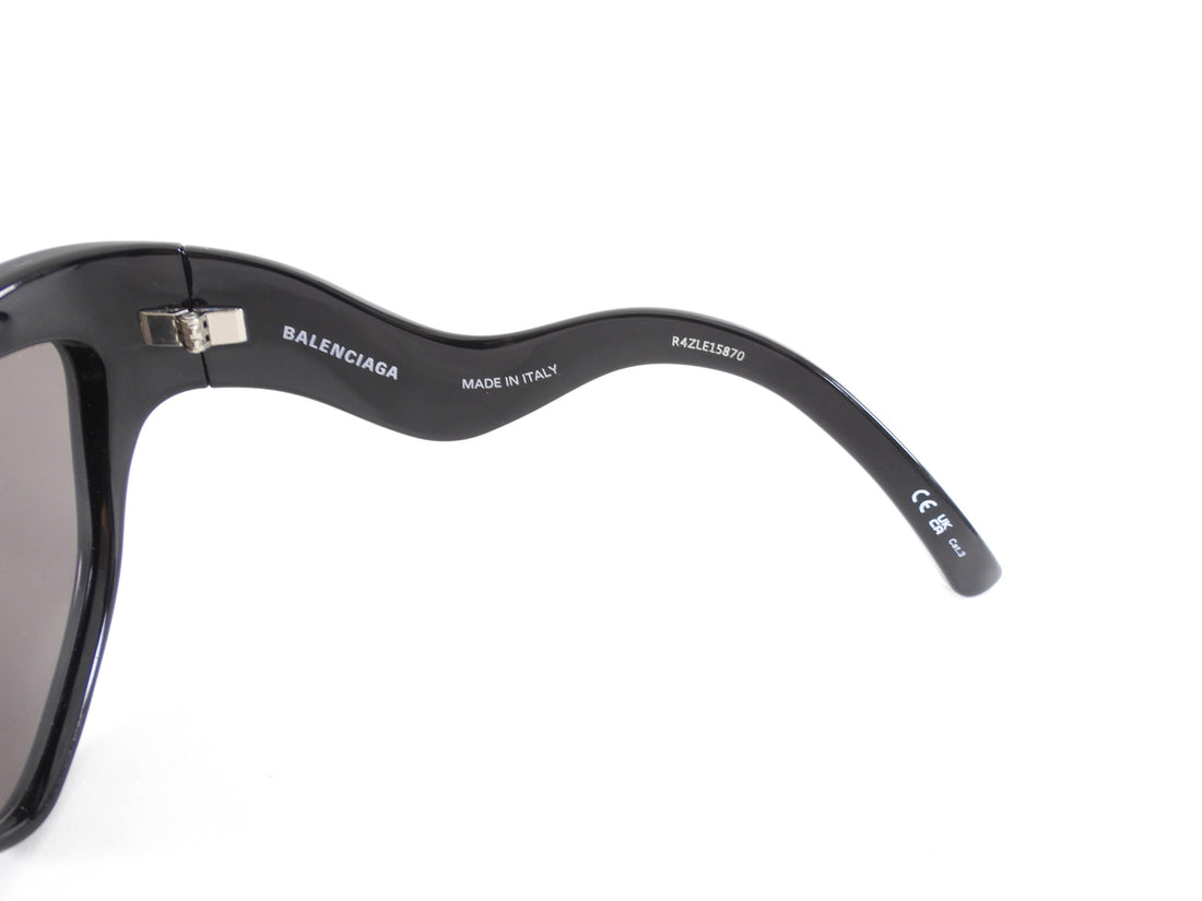 Balenciaga Black Acetate Cat Eye Wave Arm Logo Sunglasses