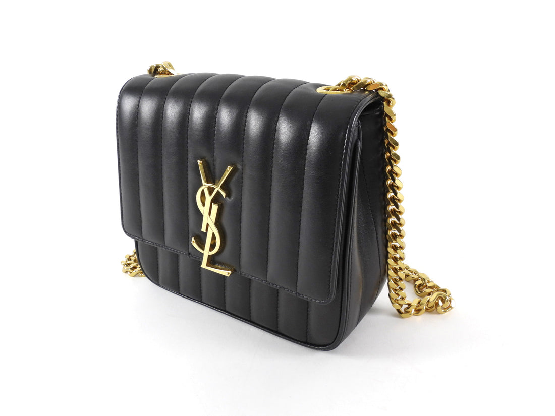 Saint Laurent Small Vicky Black Leather Matelasse Chain Bag