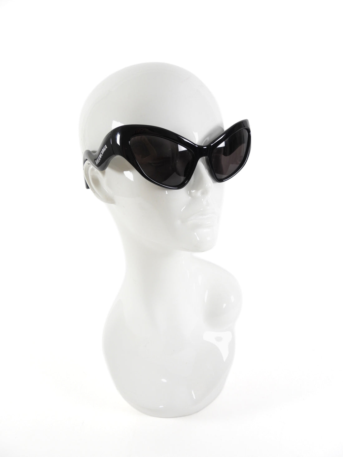 Balenciaga Black Acetate Cat Eye Wave Arm Logo Sunglasses