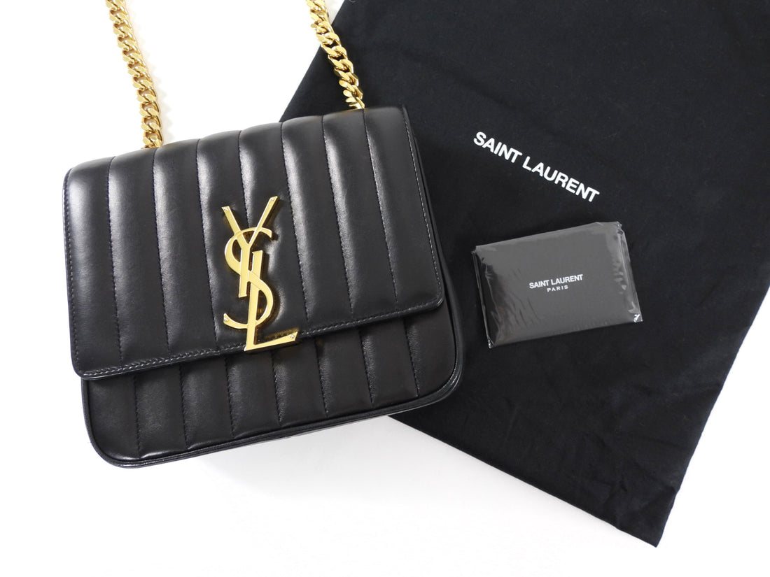 Saint Laurent Small Vicky Black Leather Matelasse Chain Bag