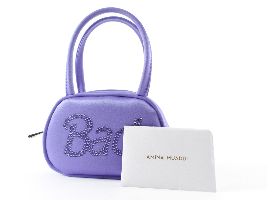Amina Muaddi "Bad" Strass Purple Satin Mini Bag