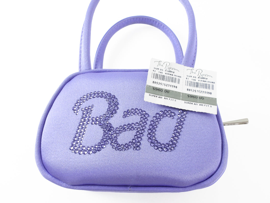 Amina Muaddi "Bad" Strass Purple Satin Mini Bag