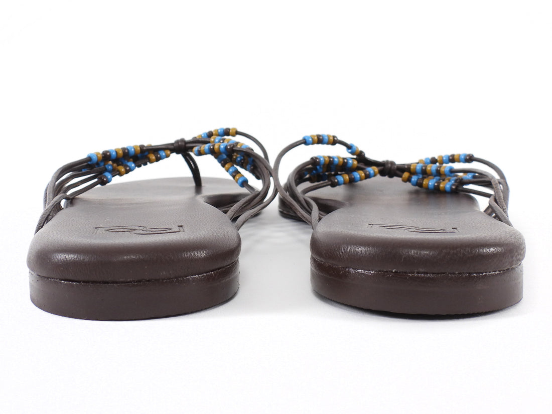 Reformation Espresso Brown Jessica Beaded Leather Flat Strappy Sandals - 7