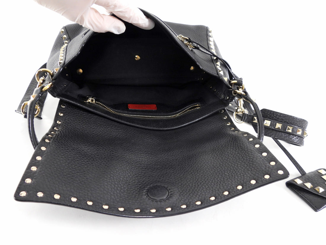 Valentino Garavani Black Grained Leather Rockstud Two Way Flap Bag