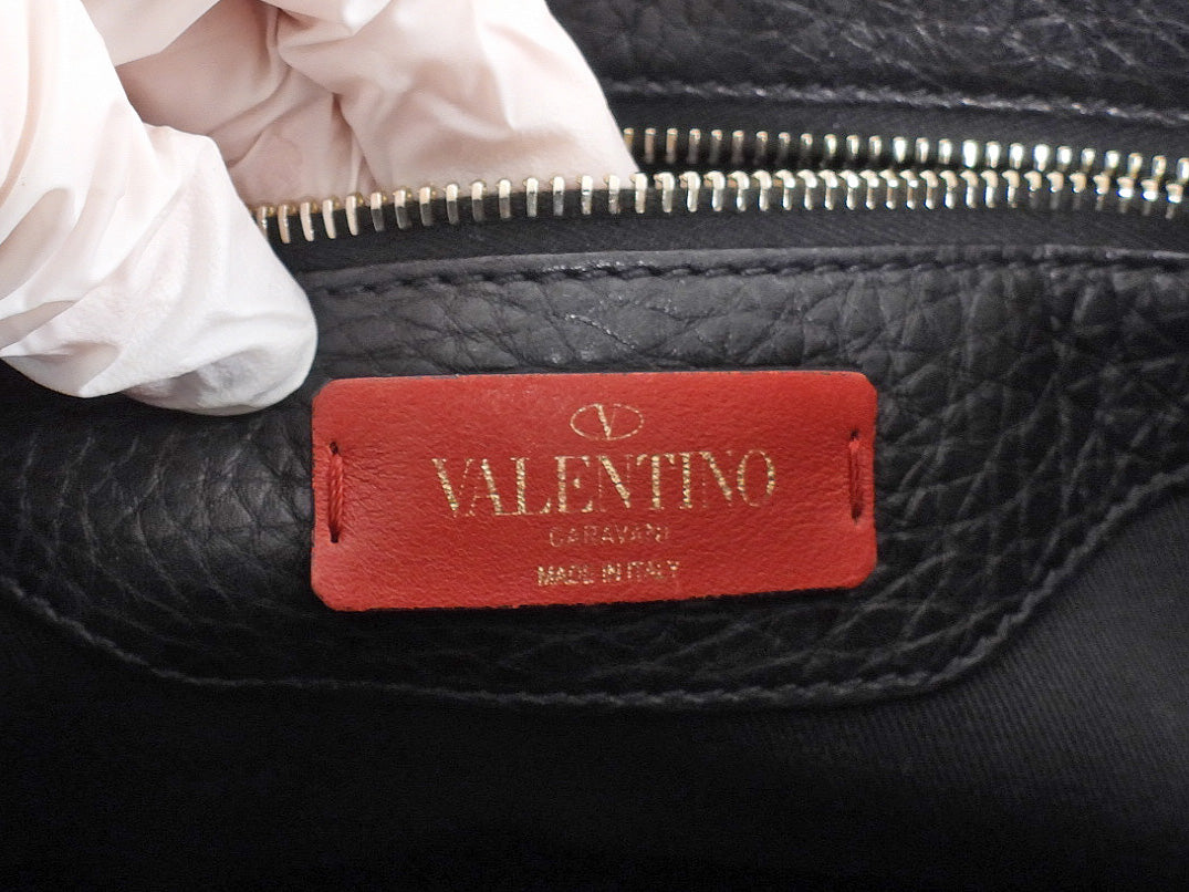 Valentino Garavani Black Grained Leather Rockstud Two Way Flap Bag