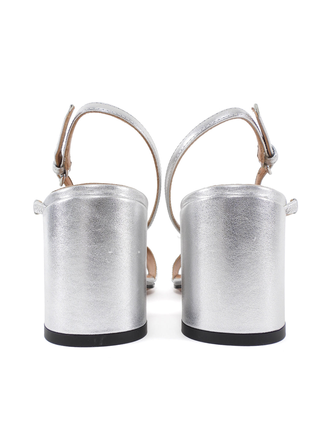 Nomasei Silver Leather Metallic Slingback Block Heel Sandals - 37