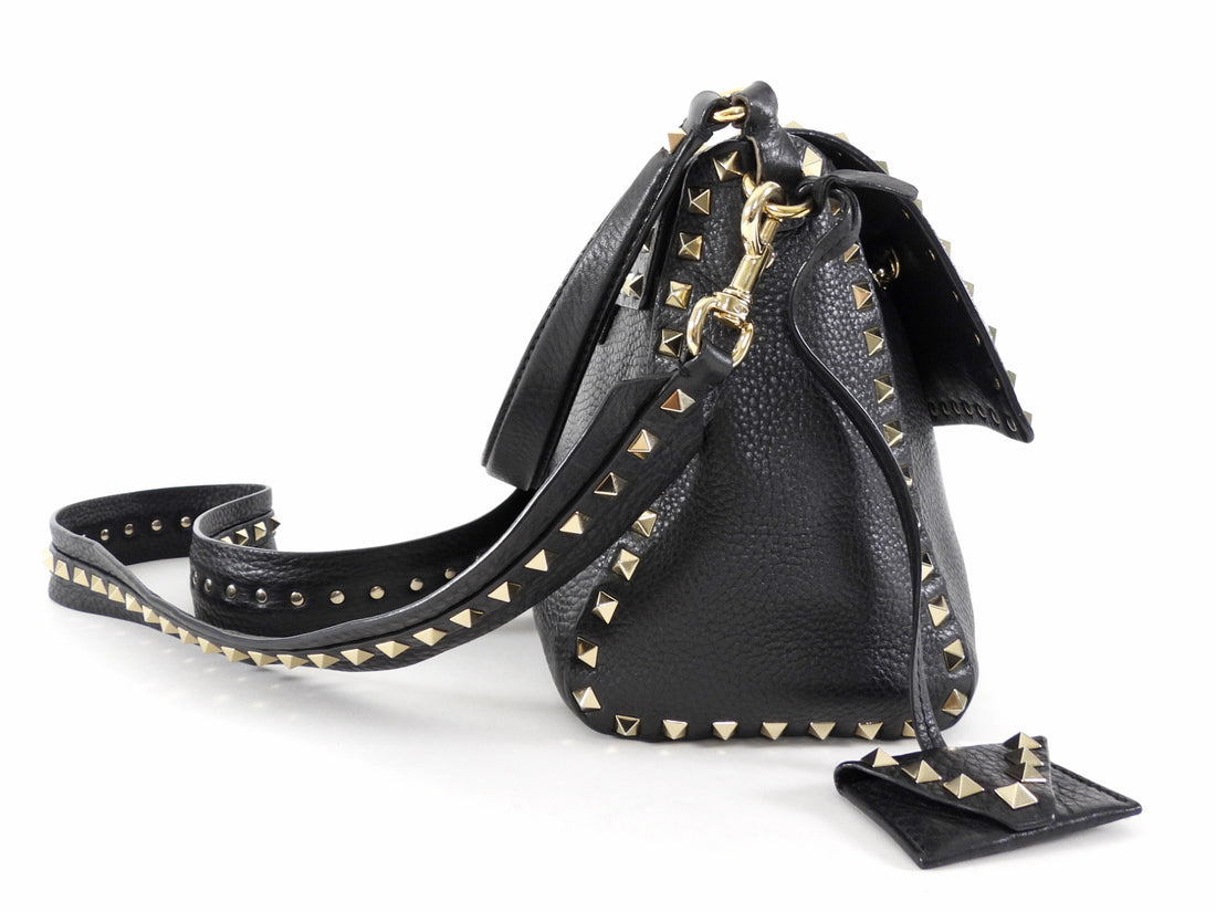Valentino Garavani Black Grained Leather Rockstud Two Way Flap Bag